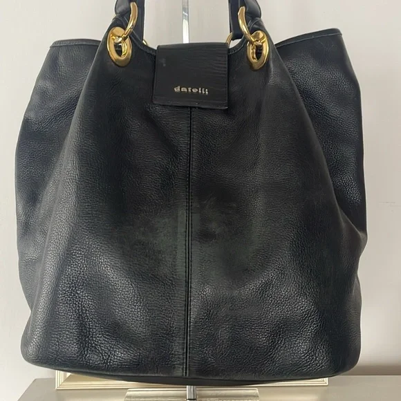 BORSE DATELLI BLACK PEBBLED LEATHER JUMBO SHOULDER BAG MAGNETIC CLOSURE - Picture 14 of 15